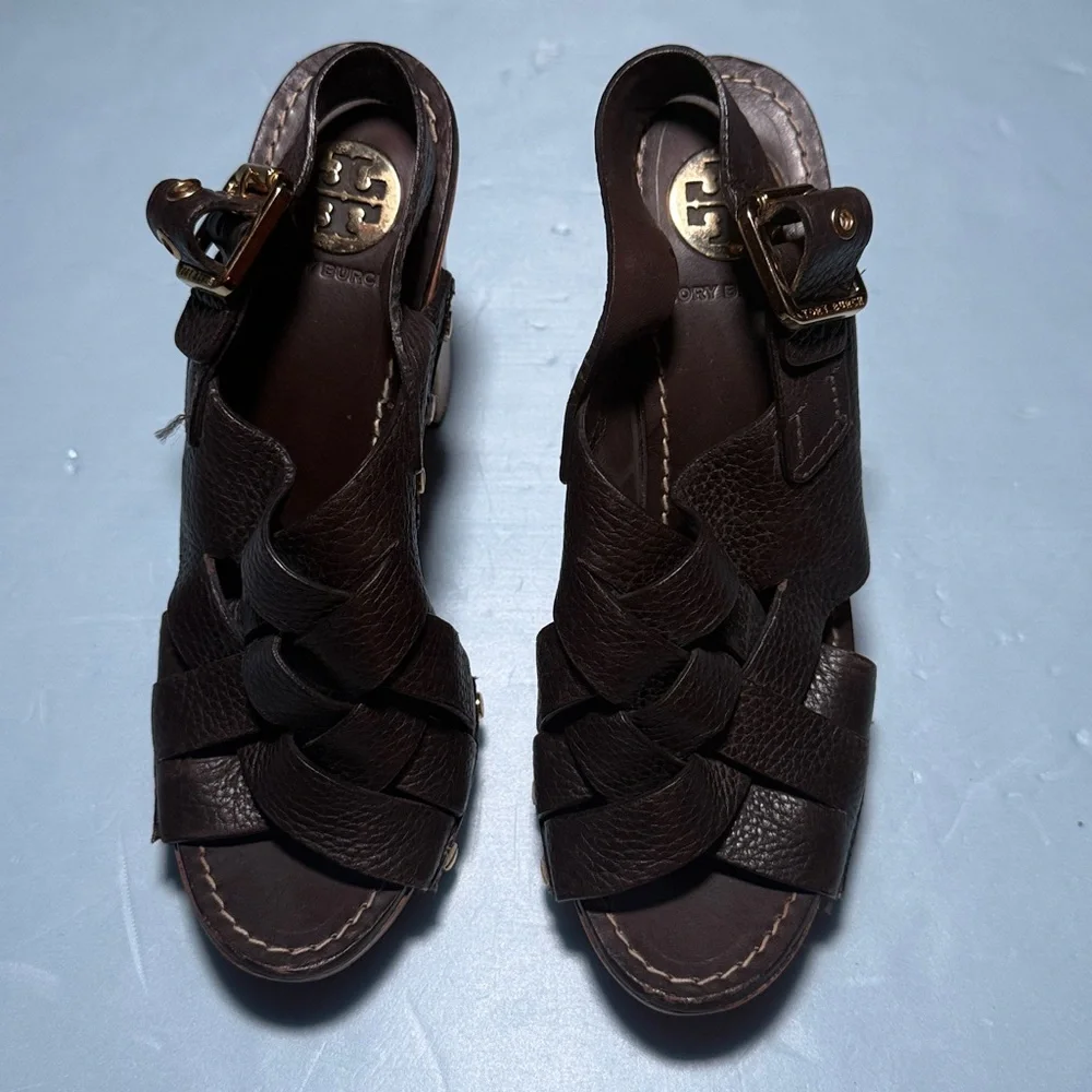 TORY BURCH Women’s 8 M Jodie Brown Leather Woven Platform Heel Sandals - Picture 3 of 15